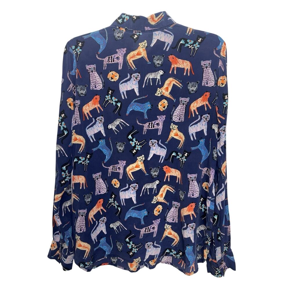 Anthropologie Carolyn Gavin Mariposa 100% Silk Blouse 12 Big Cat Novelty Print - Picture 3 of 8